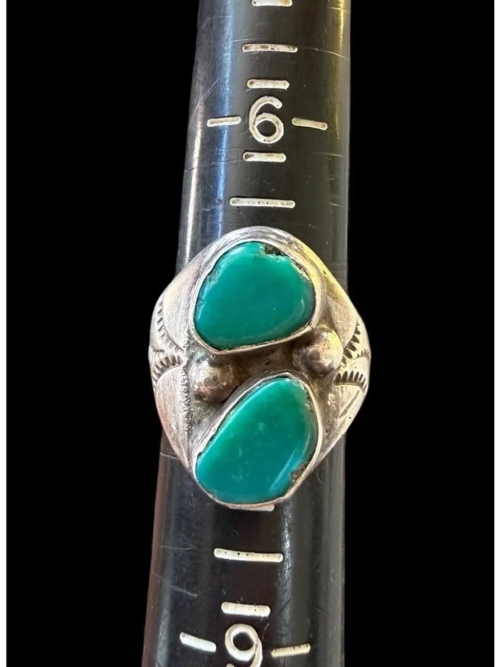 Kenneth Etsitty Navajo Sterling Silver Green Turquoise Ring Two Stone Etched